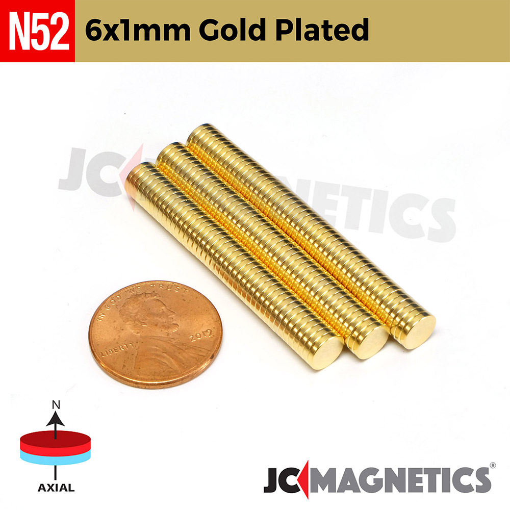 6mm X 1mm N52 Gold Plated neodymium thin magnets round discs 1/4in